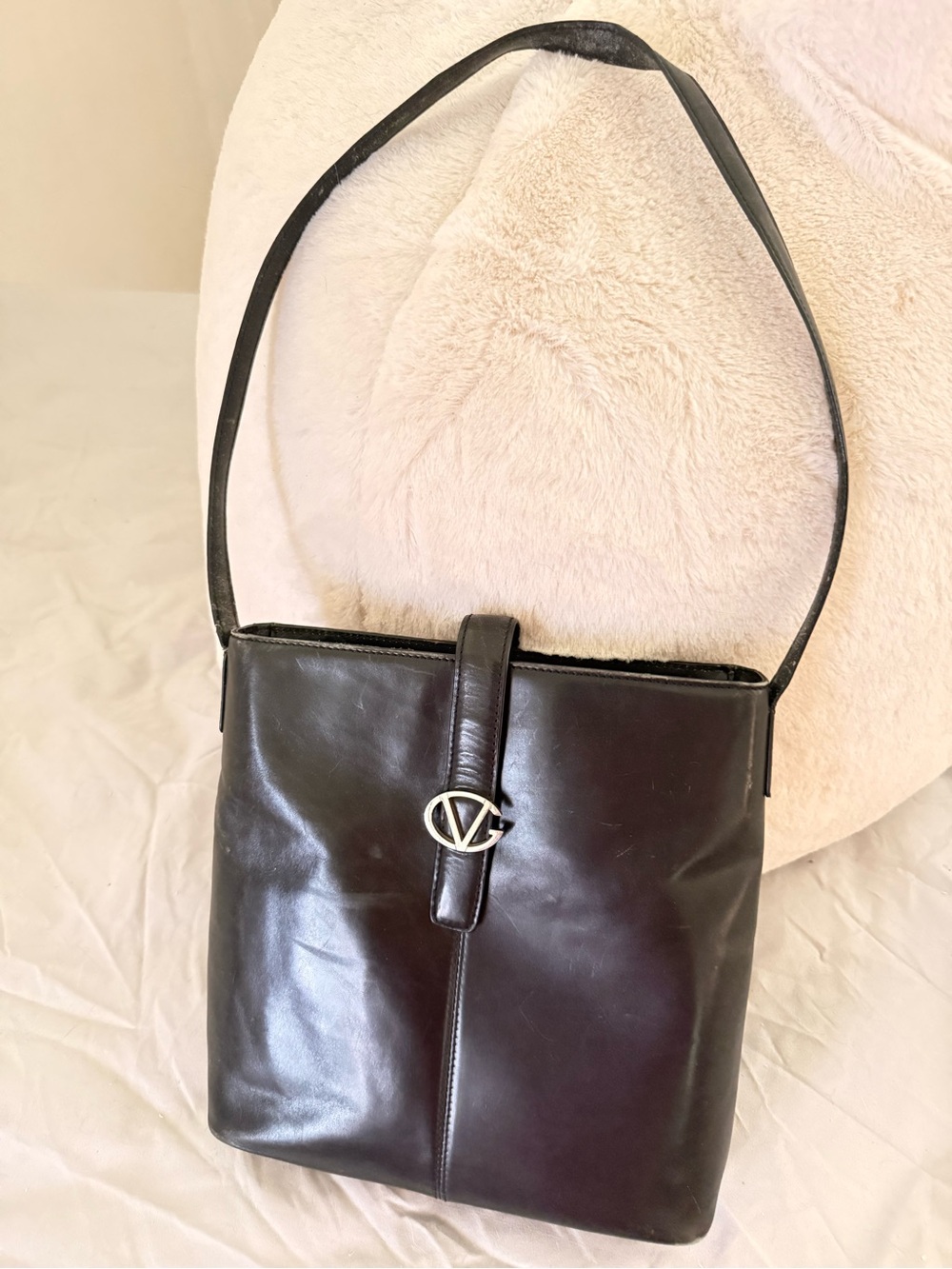 Valentino Black Leather Shoulder Bag with Silver Logo Accent